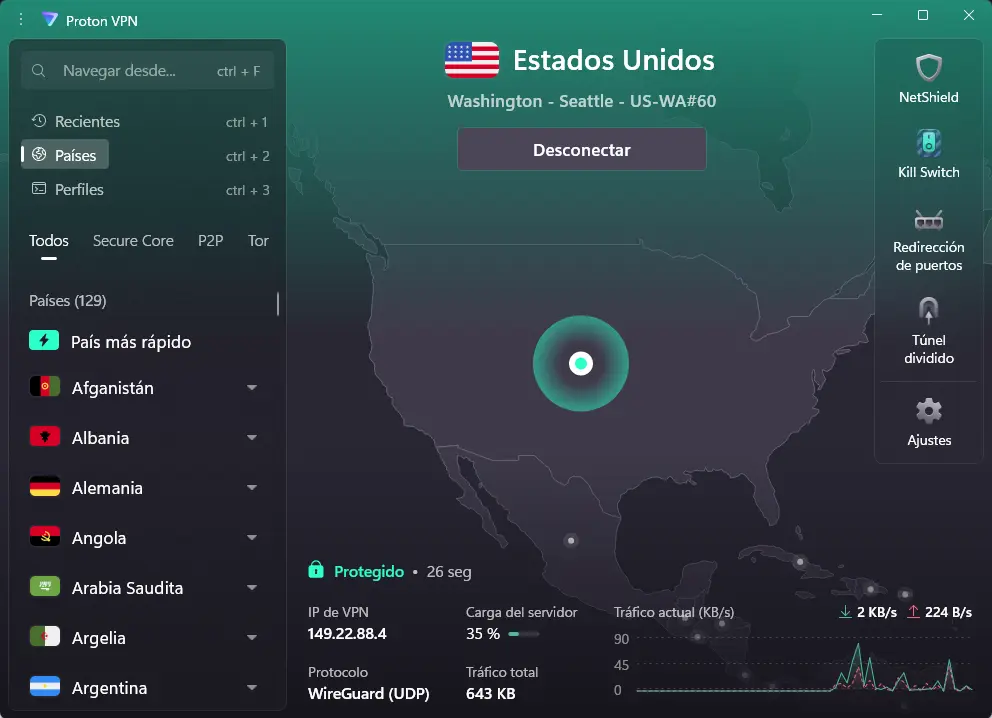 Proton VPN Plus conectada a Estados Unidos