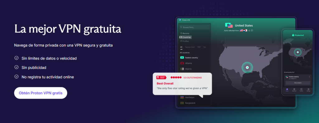Captura de pantalla de la página de la versión gratuita de Proton VPN