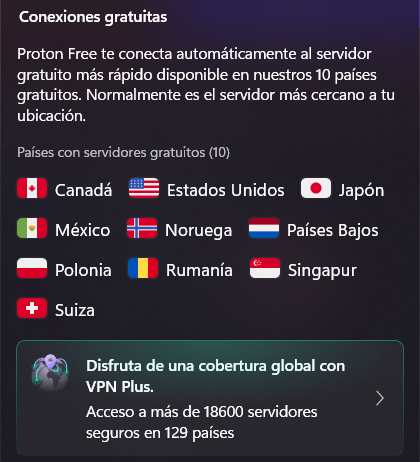 Proton VPN Gratis ofrece 10 paises y 2000 servidores